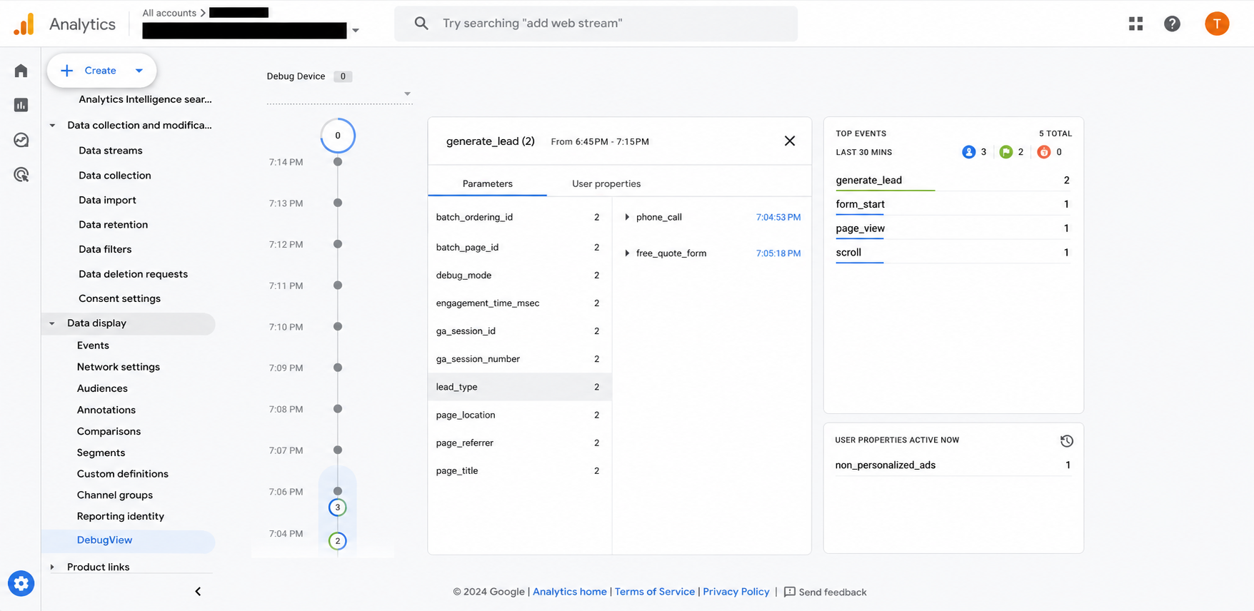 GA4 DebugView showing generate_lead events with lead_type values phone_call and free_quote_form